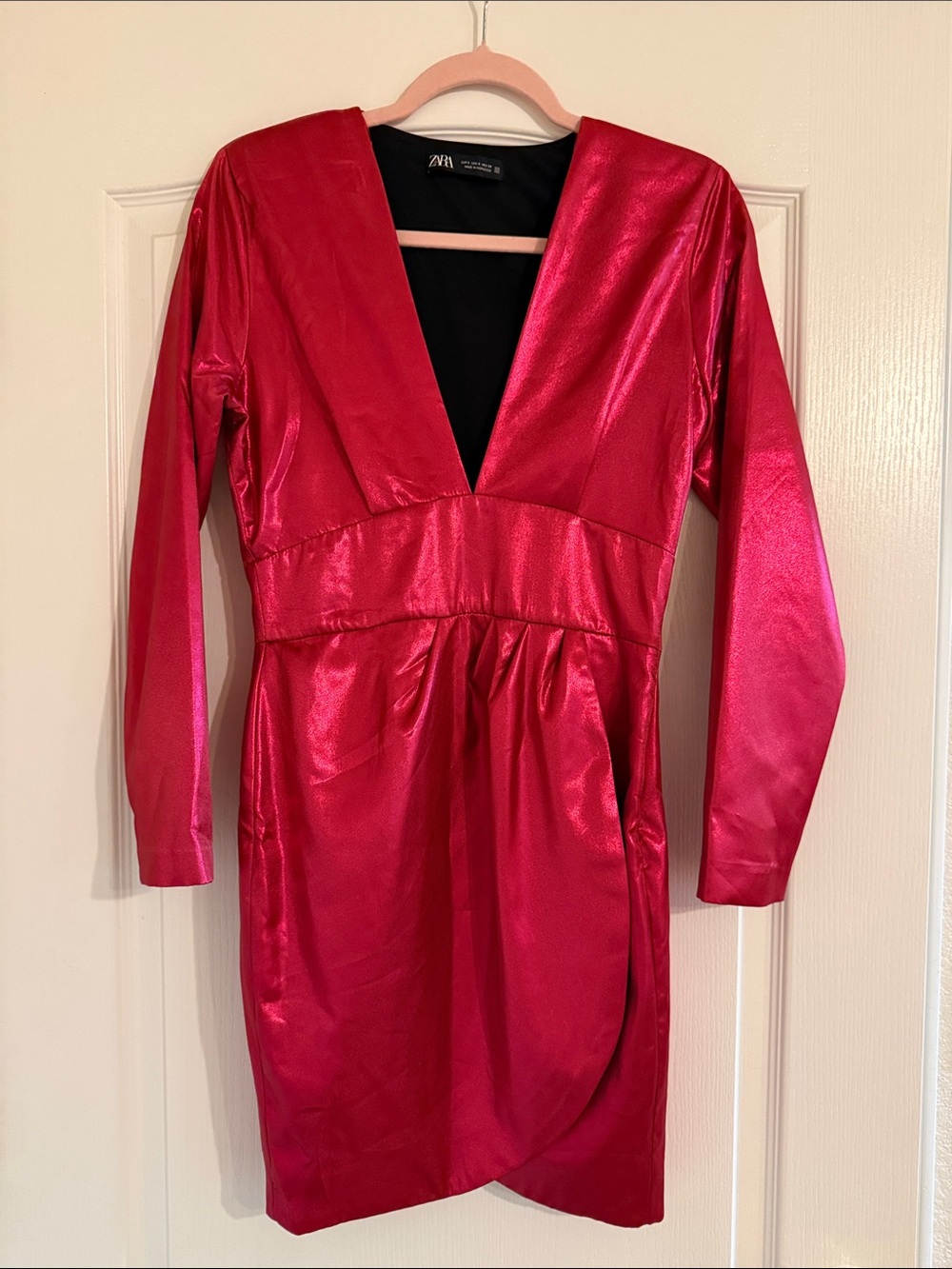 Zara Metallic Fuchsia Long-Sleeve Deep V Dress
